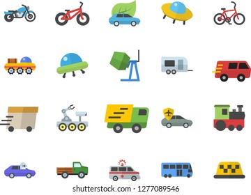 Color flat icon set concrete mixer flat vector, pickup truck, eco cars, autopilot, trucking, express delivery, ambulance, lunar rover, ufo, bicycle, train fector, trailer, bus, motorcycle, taxi