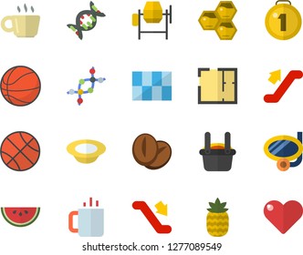 Color flat icon set concrete mixer flat vector, house layout, tile, watermelon, dish, coffee beans, tea, pineapple, honeycomb, metallurgy, dna, medal, basketball, escalator fector, swimming mask