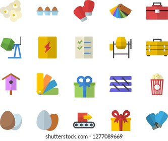 Color flat icon set concrete mixer flat vector, tool bag, color scheme, switch box, egg, popcorn, nesting, conveyor, present, to do list, paper tray, boxing gloves