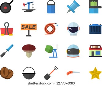 Color Flat Icon Set Concrete Mixer Flat Vector, Cauldron, Hiking Pot, Teflon, Kitchen Spatula, Coffee Beans, Mushroom, Grain Warehouse, Shovel, Hose, Knife, Oil Pumping, Accumulator, Sell Out