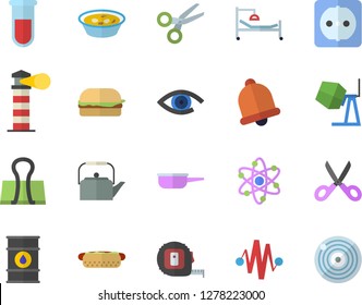 Color flat icon set concrete mixer flat vector, tape measure, sockets, saute, teapot, scissors, hamburger, hot dog, soup, oil tanks, lighthouse, blood test, hospital bed, atom, bell, binder clip