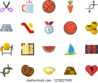 Color flat icon set concrete mixer flat vector, house layout, tile, flooring, scissors, watermelon, dish, coffee beans, carrot, tea, honeycomb, dna, medal, basketball, escalator fector, windsurfing