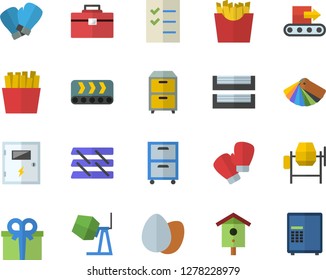 Color flat icon set concrete mixer flat vector, tool bag, color scheme, switch box, egg, French fries, nesting, conveyor, present, to do list, paper tray, archive, boxing gloves, safe fector