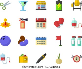 Color flat icon set concrete mixer flat vector, legumes, onion, cocktail, grain warehouse, battery, laser, purse, blood transfusion, ampoule, pen, bowling ball, sports flag, boxing gloves, scissors