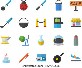 Color flat icon set concrete mixer flat vector, cauldron, hiking pot, teflon, ladle, kitchen spatula, spoon, coffee machine, ladybird, grain warehouse, sell out, medical analysis, pen, gas burner