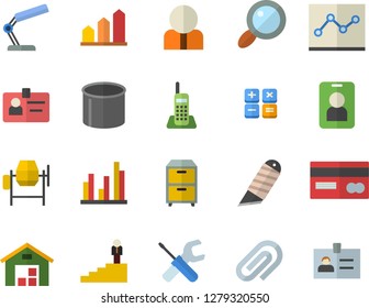 Color flat icon set concrete mixer flat vector, tool, stationery knife, pipe production, magnifier, person, credit card, calculator, warehouse, clip, statistic, badge, telephone, reading lamp