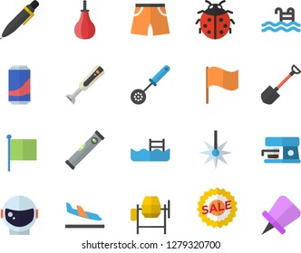 Color flat icon set concrete mixer flat vector, level meter, kitchen spoon, blender, coffee machine, lemonade, ladybird, shovel, laser, flag, sell out, pen, astronaut helmet fector, sports pear
