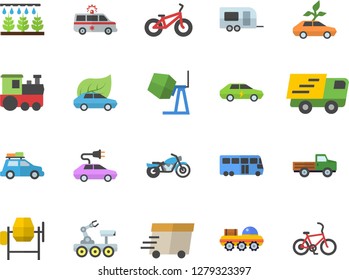 Color flat icon set concrete mixer flat vector, pickup truck, sprinkling machine, eco cars, electric, trucking, express delivery, ambulance, lunar rover, bicycle, train fector, car, trailer, bus