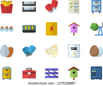 Color flat icon set concrete mixer flat vector, tool bag, switch box, egg, French fries, popcorn, nesting, conveyor, to do list, paper tray, archive, boxing gloves, safe fector