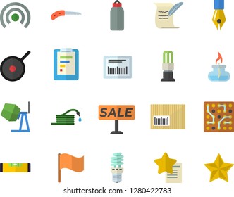 Color Flat Icon Set Concrete Mixer Flat Vector, Level Meter, Teflon, Hose, Knife, Energy Saving Lamp, Graphic Report, Flag, Sell Out, Barcode, Ink Pen, Gas Burner, Hostory Roll, Electronic Circuit