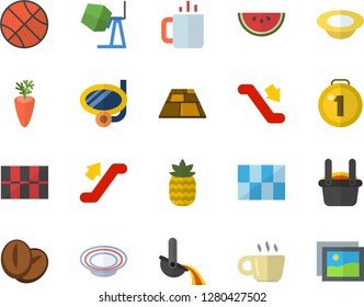 Color flat icon set concrete mixer flat vector, tile, flooring, watermelon, dish, coffee beans, carrot, tea, pineapple, metallurgy, medal, basketball, escalator fector, swimming mask, gallery