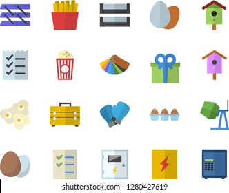 Color flat icon set concrete mixer flat vector, tool bag, color scheme, switch box, egg, French fries, popcorn, nesting, present, to do list, paper tray, boxing gloves, safe fector