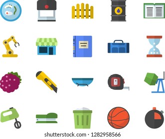 Color flat icon set concrete mixer flat vector, tape measure, stationery knife, blackberry, fence, oil tanks, stapler, textbook, industrial robot, Petri dish, basketball, sport bag, sea beach fector