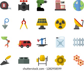 Color flat icon set concrete mixer flat vector, trowel, cogwheel, drill screwdriver, tape measure, construction plummet, brick, solar battery, oil pumping, main pipeline, gas station, earth