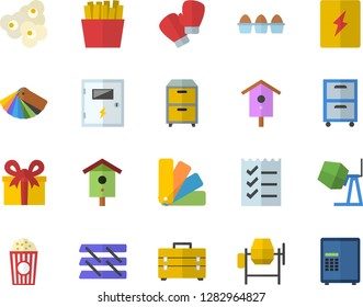 Color flat icon set concrete mixer flat vector, tool bag, color scheme, switch box, egg, French fries, popcorn, nesting, present, to do list, paper tray, archive, boxing gloves, safe fector