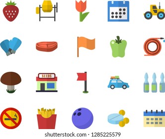 Color flat icon set concrete mixer flat vector, chop, bell pepper, French fries, Strawberry, mushroom, grain warehouse, tractor, hose, tulip, flag, pills, ampoule, calendar, bowling ball, sports