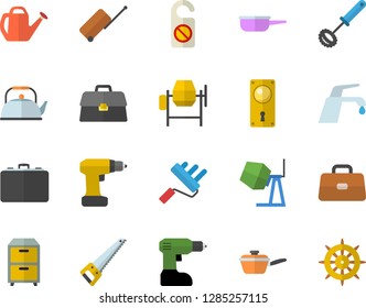 Color flat icon set concrete mixer flat vector, drill screwdriver, saw, paint roller, door lock, faucet, saute, teapot, whisk, watering can, case, briefcase, archive, luggage fector, do not disturb