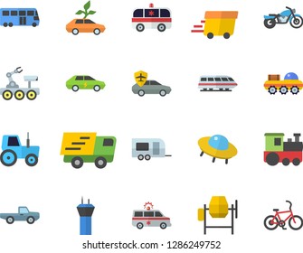 Color flat icon set concrete mixer flat vector, pickup truck, tractor, eco cars, electric, autopilot, trucking, express delivery, ambulance, lunar rover, ufo, train fector, trailer, bus, motorcycle