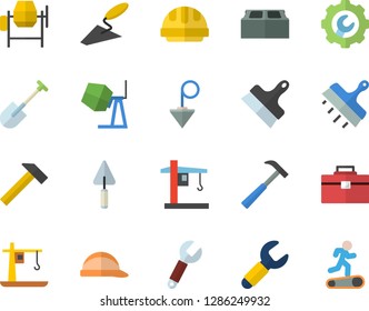 Color flat icon set concrete mixer flat vector, trowel, tool bag, hard hat, repair, putty knife, construction plummet, brick, hammer, shovel, crane, wrench, Treadmill