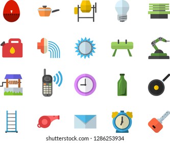 Color flat icon set concrete mixer flat vector, ladder, energy saving lamp, saute, teflon, kitchen egg timer, gas, well, hose irrigation, bench, canister, robotics, glass bottles, phone call, clock