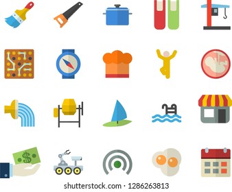 Color flat icon set concrete mixer flat vector, saw, paint brush, saucepan, cook hat, scrambled eggs, hose irrigation, crane, store front, investments, embryo, book, lunar rover, electronic circuit