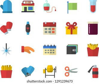 Color flat icon set concrete mixer flat vector, potholder, French fries, jam, grain warehouse, laser, purse, flag, present, blood transfusion, test, boxing gloves, fitness bracelet, scissors