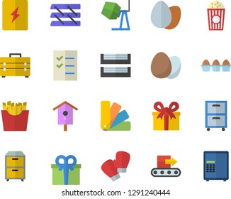 Color flat icon set concrete mixer flat vector, tool bag, color scheme, switch box, egg, French fries, popcorn, nesting, conveyor, present, to do list, paper tray, archive, boxing gloves