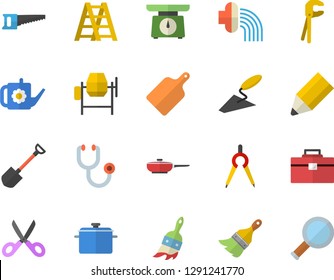 Color flat icon set concrete mixer flat vector, trowel, tool, bag, ladder, paint brush, saucepan, frying pan, weighing machine, scissors, cutting board, shovel, saw, watering can, hose irrigation