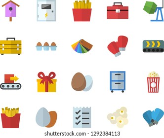 Color flat icon set concrete mixer flat vector, tool bag, color scheme, switch box, egg, French fries, popcorn, nesting, conveyor, present, to do list, archive, boxing gloves