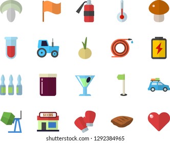 Color flat icon set concrete mixer flat vector, temperature, mushroom, chop, onion, cocktail, jam, grain warehouse, tractor, hose, battery, flag, blood test, ampoule, sports, boxing gloves, heart