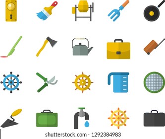 Color flat icon set concrete mixer flat vector, trowel, paint brush, door lock, ax, teflon, meashuring cup, teapot, sieve, pitchfork, secateurs, water tap, case, scalpel, luggage fector, suitcase
