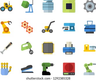 Color flat icon set concrete mixer flat vector, drill screwdriver, weighing machine, blender, coffee, food processor, tractor, lawn mower, robotics, printer, copy, stapler, robot hand, cpu, cogwheel