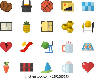 Color flat icon set concrete mixer flat vector, house layout, tile, flooring, coffee beans, carrot, tea, pineapple, honeycomb, metallurgy, basketball, escalator fector, windsurfing, gallery, heart