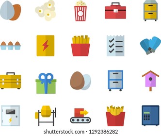 Color flat icon set concrete mixer flat vector, tool bag, switch box, egg, French fries, popcorn, nesting, conveyor, present, to do list, archive, boxing gloves, safe fector
