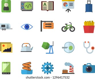 Color flat icon set concrete mixer flat vector, teapot, French fries, factory, cogwheel, signboard, stethoscope, eye, artificial insemination, oscilloscope, presentaition board, bicycle, luggage