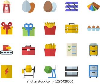 Color flat icon set concrete mixer flat vector, tool bag, color scheme, switch box, egg, French fries, popcorn, conveyor, present, to do list, paper tray, archive