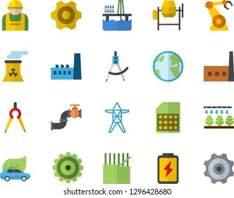 Color flat icon set concrete mixer flat vector, cogwheel, sprinkling machine, oil production platform, battery, main pipeline, earth, power line support, manufactory, construction worker, eco cars