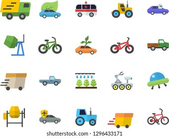 Color flat icon set concrete mixer flat vector, pickup truck, tractor, sprinkling machine, eco cars, autopilot, trucking, express delivery, ambulance, lunar rover, ufo, bicycle, fector