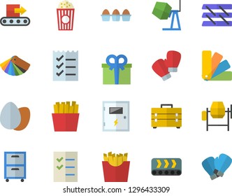 Color flat icon set concrete mixer flat vector, tool bag, color scheme, switch box, egg, French fries, popcorn, conveyor, present, to do list, paper tray, archive, boxing gloves