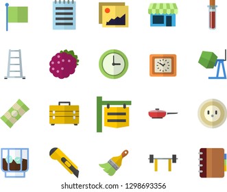 Color flat icon set concrete mixer flat vector, tool bag, paint brush, stationery knife, frying pan, spaghetti, whiskey, blackberry, ladder, socket, signboard, flag, clock, blood test, notepad