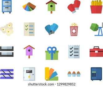Color flat icon set concrete mixer flat vector, tool bag, color scheme, switch box, egg, French fries, popcorn, nesting, present, to do list, paper tray, archive, boxing gloves, safe fector