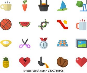 Color flat icon set concrete mixer flat vector, flooring, scissors, watermelon, dish, coffee beans, carrot, tea, pineapple, metallurgy, dna, medal, basketball, escalator fector, windsurfing, gallery