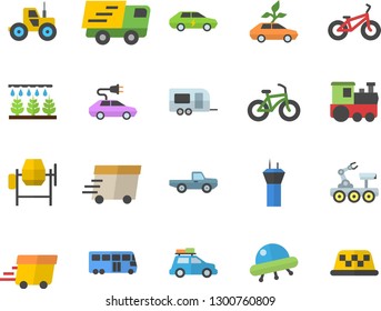 Color flat icon set concrete mixer flat vector, pickup truck, tractor, sprinkling machine, eco cars, electric, trucking, express delivery, lunar rover, ufo, bicycle, train fector, car, trailer, bus