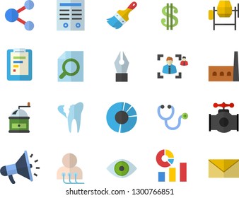 Color flat icon set concrete mixer flat vector, paint brush, coffee grinder, main pipeline, manufactory, graphic report, dollar, statistics, mouthpiece, stethoscope, eye, diagnostics, broken tooth