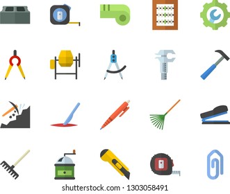 Color flat icon set concrete mixer flat vector, tape measure, repair, brick, stationery knife, hammer, coffee grinder, rake, dividers, mining, trammel, scalpel, abacus, pen, stapler, whistle, clip