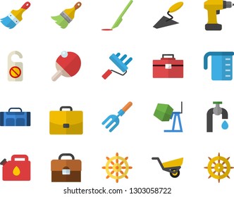Color flat icon set concrete mixer flat vector, trowel, drill screwdriver, tool bag, paint brush, roller, meashuring cup, pitchfork, garden wheelbarrow, water tap, canister, case, scalpel, briefcase