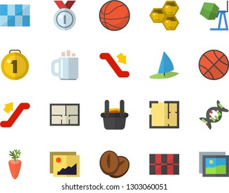 Color flat icon set concrete mixer flat vector, house layout, tile, coffee beans, carrot, honeycomb, metallurgy, dna, medal, basketball, escalator, windsurfing, gallery