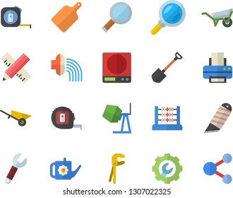 Color flat icon set concrete mixer flat vector, wheelbarrow, tool, tape measure, repair, stationery knife, weighing machine, cutting board, shovel, watering can, hose irrigation, wrench, magnifier
