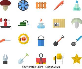 Color flat icon set concrete mixer flat vector, heating batteries, hiking pot, kitchen spoon, mushroom, shovel, hose, knife, ventilation, oil pumping, sell out, barcode, ink pen, gas burner