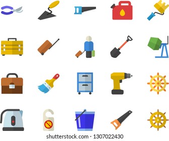 Color flat icon set concrete mixer flat vector, trowel, drill screwdriver, saw, tool bag, paint brush, roller, electric kettle, shovel, secateurs, bucketful, canister, briefcase, archive
